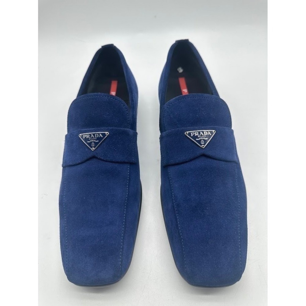PRADA Men Blue Suede Triangle Logo Loafers 3A 13 39 EU 39 US 6 Made Italy Luxury